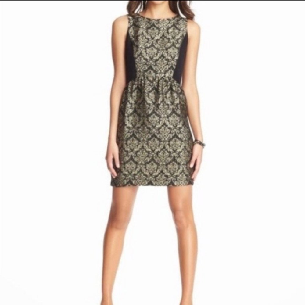 Loft textured, metallic, classic sheath party dress, black and gold brocade, 10